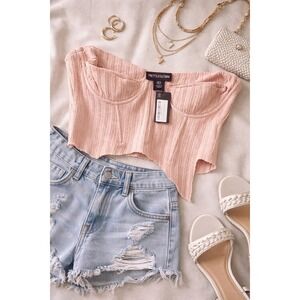 PrettyLittleThing Stone Rib Corset Cup Raw Hem Crop Top NWT Size 4